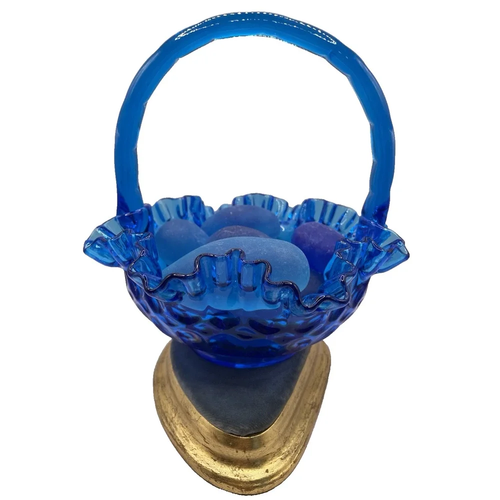 1950s Vintage Fenton Thumbprint Colonial Cobalt Blue Ruffled 8” Glass Basket